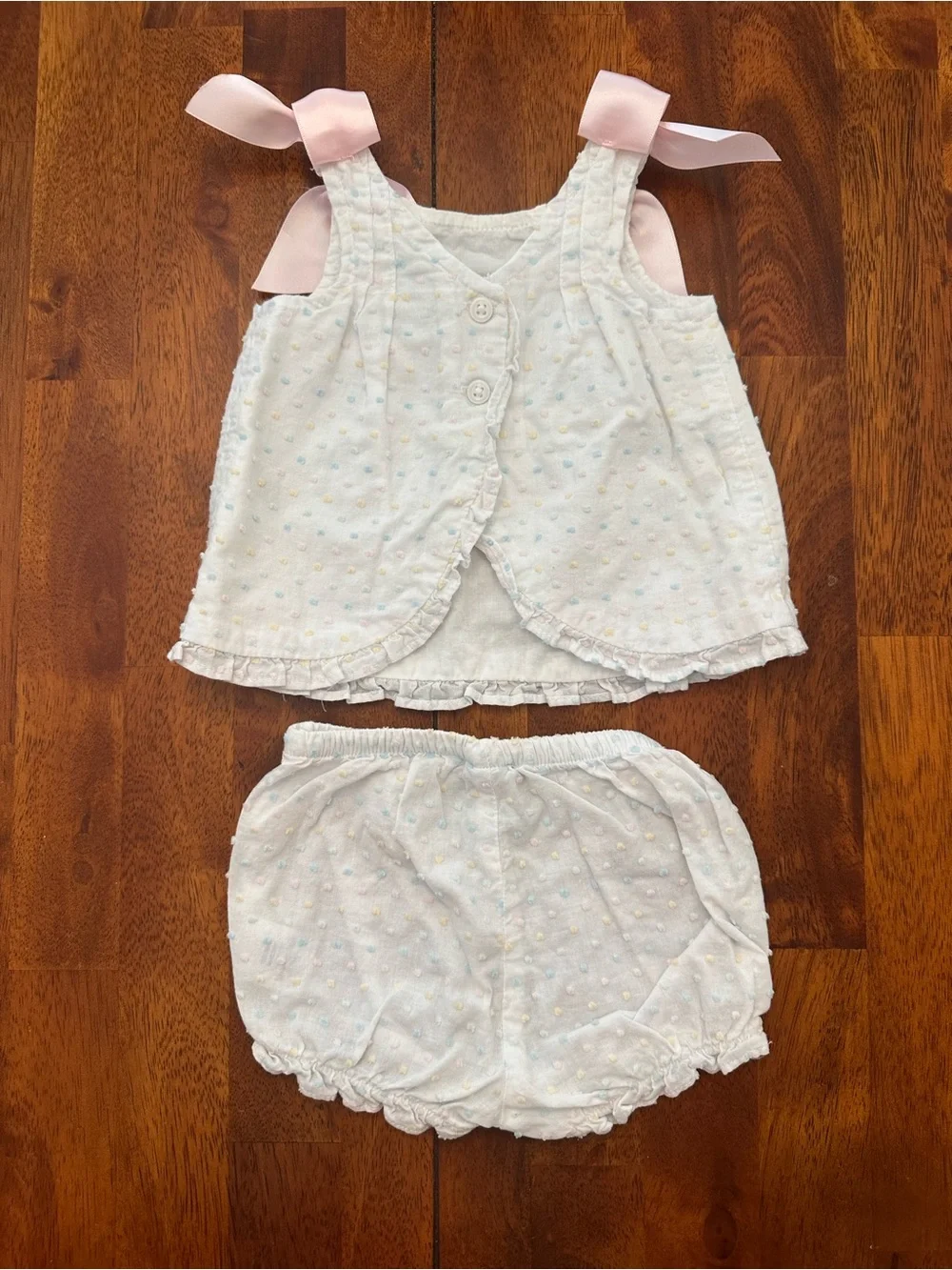 Janie and Jack White Swiss Dot Top & Bloomers with Pink Shoulder Bows